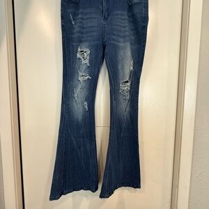 Blue Distressed Flare Jeans